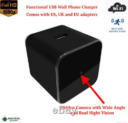 1080P WiFi Night Vision Wall UK USA EU USB AC Adapter Hidden Nanny Camera Audio