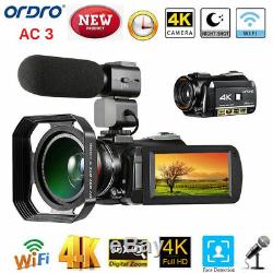 ORDRO AC3 4K WiFi Digital Video Camera Camcorder DV + Lens + Microphone + Holder