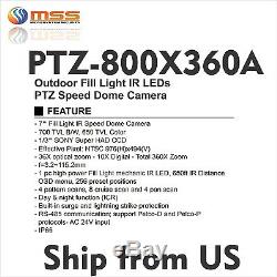 PTZ Speed 7 Dome 700TVL Camera 360X Zoom Outdoor Fill Light IR 650ft AC24V 360A