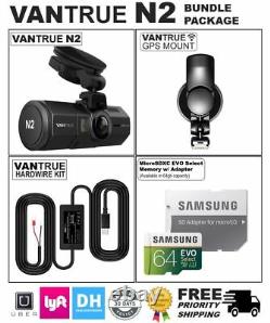 Vantrue N2 64go Bundle Package Dual Dash Cam, Gps, Hardwire Kit, Samsung Sdxc